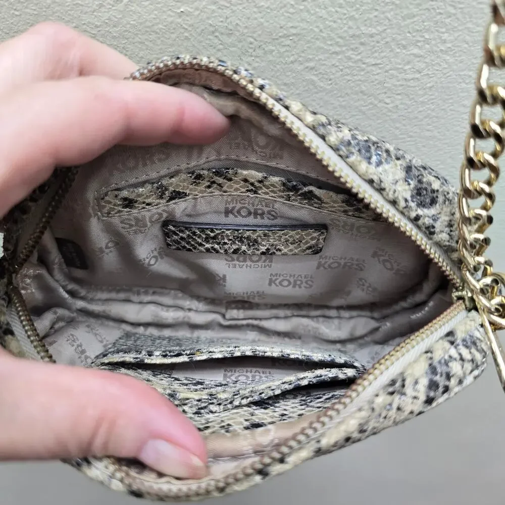 Michael Kors Snake/Python Print Leather Small Crossbody Purse Chain Detail Gray